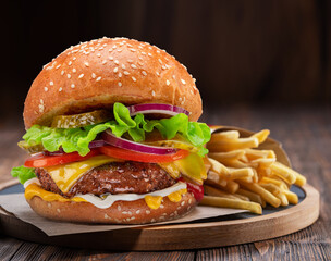 Tasty cheeseburger and french fries on wooden tray close-up.