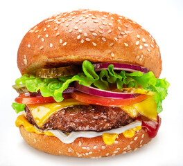 Appetizing cheeseburger close up on white background.