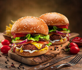 Tasty cheeseburgers on wooden tray, some seasonings and cutlery near it.