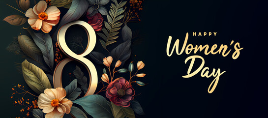Bontanic style greeting card for March 8. International women'a day floral banner. Generative Ai.