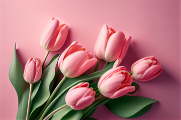 Naklejka premium Spring tulip flowers on pink background top view in flat lay style. Greeting for Womens or Mothers Day or Spring Sale Banner. Generative Ai.