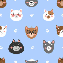 Set of different cats, seamless pattern with cats, cute pets pattern, different cats. illustration in flat style, cat face 