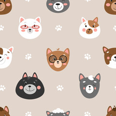 Set of different cats, seamless pattern with cats, cute pets pattern, different cats. illustration in flat style, cat face 