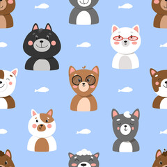 Obraz na płótnie Canvas Set of different cats, seamless pattern with cats, cute pets pattern, different cats. illustration in flat style, cat face 