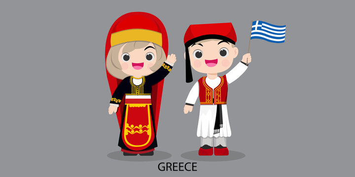greece in national dress with a flag. Man and woman in traditional costume. Travel to Greece. People.