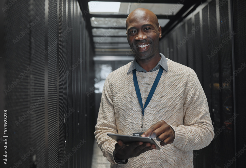 Fototapete Server room, tablet or black man portrait or technician for data center, system and cybersecurity code. Happy male programmer or programming person in information technology or digital transformation