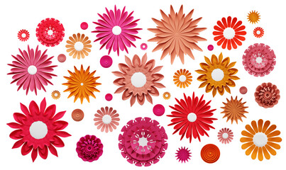 Fototapeta premium Colorful paper flowers set, collection isolated on transparent background.