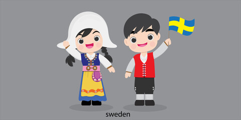 Obraz na płótnie Canvas sweden in dress with a flag. Man and woman in traditional costume. Travel to Latvia sweden . People