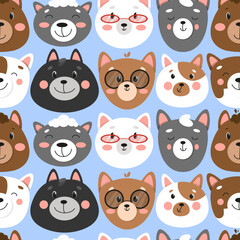 Set of different cats, seamless pattern with cats, cute pets pattern, different cats. illustration in flat style, cat face 