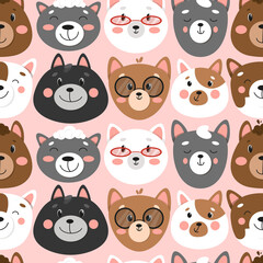 Obraz premium Set of different cats, seamless pattern with cats, cute pets pattern, different cats. illustration in flat style, cat face 