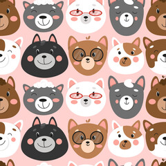 Set of different cats, seamless pattern with cats, cute pets pattern, different cats. illustration in flat style, cat face 