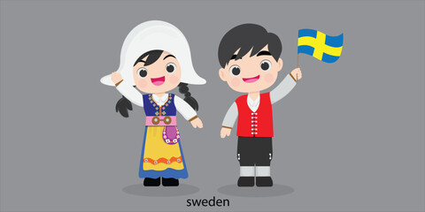 Obraz na płótnie Canvas sweden in dress with a flag. Man and woman in traditional costume. Travel to Latvia sweden . People