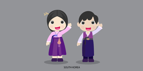 Obraz na płótnie Canvas south korea in dress with a flag. Man and woman in traditional costume. Travel to south korea . People.