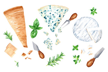 Parmesan, gorgonzola and bri cheese set with herbs and cheese knives. Watercolor illustration isolated on white