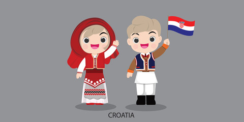 Obraz na płótnie Canvas croatia in dress with a flag. Man and woman in traditional costume. Travel to croatia . People.