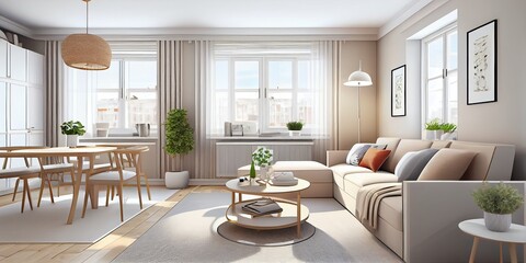 Fototapeta premium Stylish scandinavian living room with design mint sofa, furnitures, mock up poster map, plants and elegant personal accessories. Modern home decor. Bright and sunny room. Generative AI illustration.