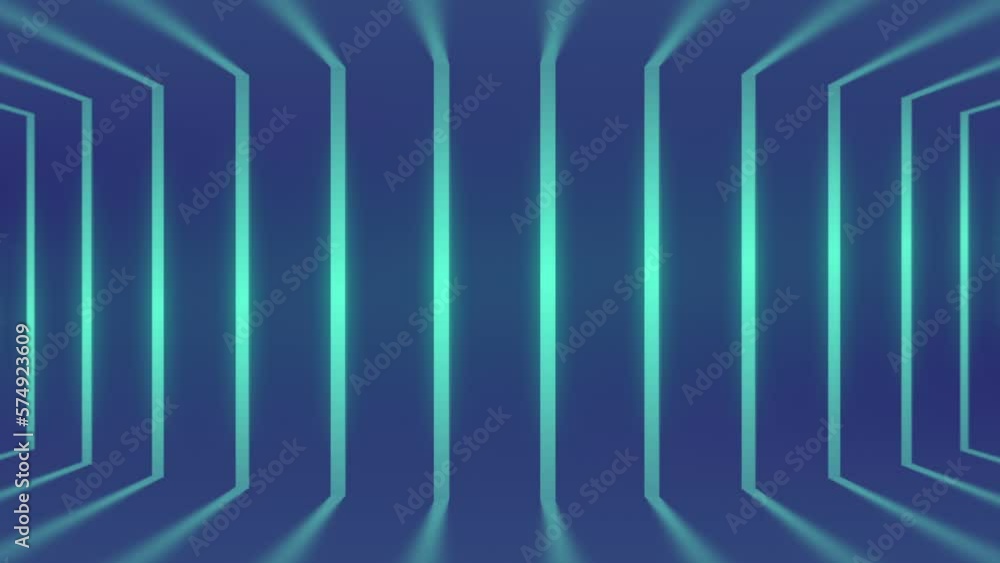 Poster Creative background with bright floating strips of blue light on a dark blue surface. Abstract modern art design. Digital seamless loop animation. 3d rendering. HD resolution