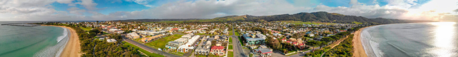 Fototapeta premium Apollo Bay from drone, coastline of the Great Ocean Road, Australia