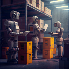 Warehouse Humanoid Robots work. 3d illustration. AI Generative