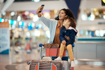Travel, selfie and smile with mother and daughter in airport for social media, holiday and global...