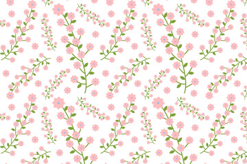 Seamless pattern green branches with blooming pink buds, spring flowers. Wildflowers and herbs. Botanical Botanical Floral Herb print for posters, cards, textiles, nursery. Vector illustration