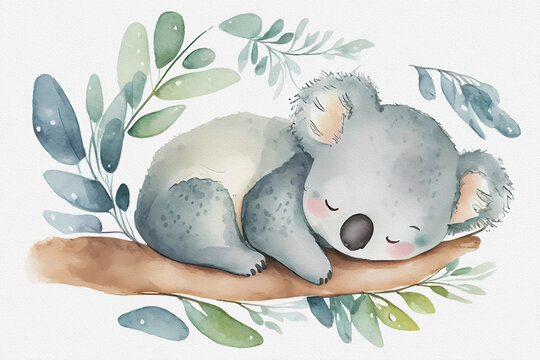 Watercolor koala sleeping. Cute little generative ai design.