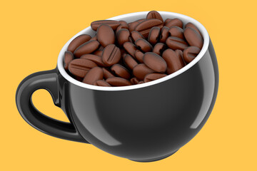Ceramic coffee cup with coffee beans for americano, espresso, latte on yellow