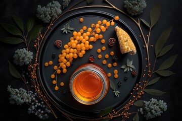 Naklejka na ściany i meble Viburnum berries and sea buckthorn with honey , top view on a black background. Food background. Healthy food concept. Healthy diet. AI