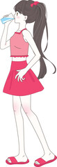 Cartoon cute young woman in red pink top and skirt drinking water from glass vector illustration showing human need to drink at least 8 glasses of water a day.