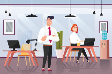 Office concept with people scene in the background cartoon style. Manager supervises how the new employee of the office works. Vector illustration.