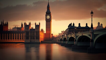 London's twilight charm: stunning skyline with golden illuminated landmarks - obrazy, fototapety, plakaty