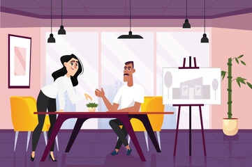 Architect studio concept with people scene in the background cartoon design. Two architects are working on the drawing of the clients new house. Vector illustration.