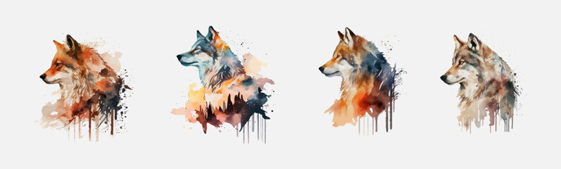 Watercolor wolf on a white background. Beautiful noble wolf. Sketch, color portrait of a wolf head on a white background with splashes of watercolor. Set of watercolor wolves. Ideal for postcard.