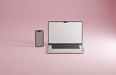 High end phone and laptop on pink studio backdrop. Blank mockup template screen. 