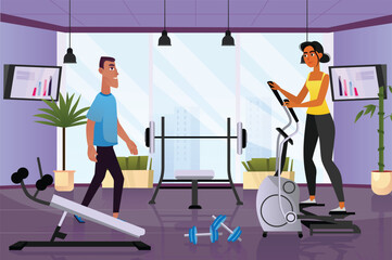 Fitness gym concept with people scene in the background cartoon style. Guy came to the gym where the girl was already doing fitness. Vector illustration.