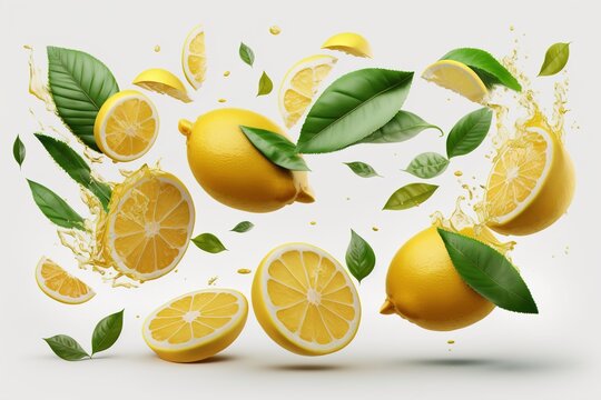 set with fresh whole and cut lemons with green leaves falling into the air on a white background. Food levitation or weightlessness concept. Generative AI