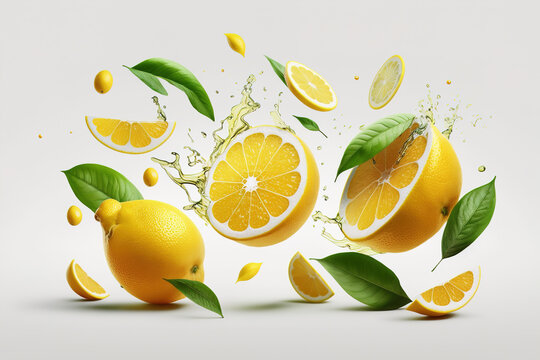 set with fresh whole and cut lemons with green leaves falling into the air on a white background. Food levitation or weightlessness concept. Generative AI