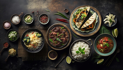 Obraz na płótnie Canvas Various of asian meals on rustic background. Generative AI
