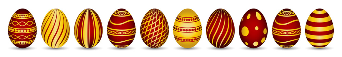 Illustation of 10 Easter eggs in red-gold on white background. Vacation concept.