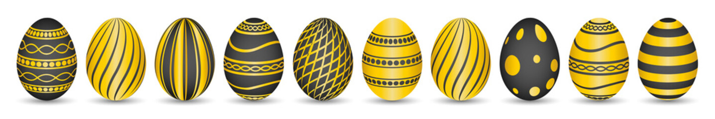 Illustation of 10 Easter eggs in black-gold on white background. Vacation concept.