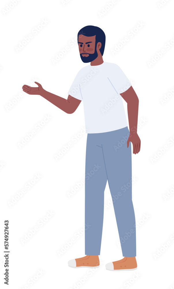 Poster frowning bearded man arguing and gesturing semi flat color vector character. editable figure. full b