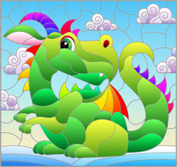 A stained glass illustration with a dragon, the symbol of the year according to the calendar, on a blue sky background ana c