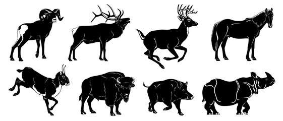 Ungulate Animals Silhouettes Set. Bighorn, elk, stag, mustang, saiga, bison, wild pig, Rhinoceros. Vector cliparts isolated on white.