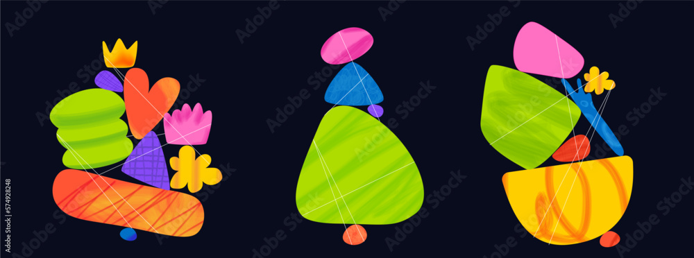 Poster Trendy geometric shapes balances. A zen compositions. Soft gradients and textures. Triangle and heart and crown shapes. Pastel pencil and marker texture. Vector collection of pack poster elements