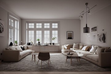 Fototapeta premium Stylish scandinavian living room with design mint sofa, furnitures, mock up poster map, plants and elegant personal accessories. Modern home decor. Bright and sunny room. Generative AI illustration.