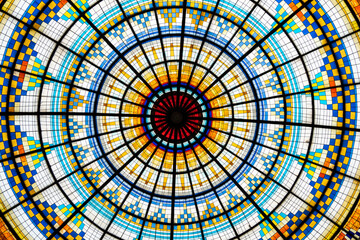 colorful mosaic, architecture symmetric, stained glass ceiling