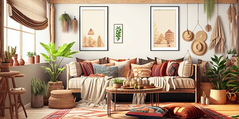 Stylish scandinavian living room with design mint sofa, furnitures, mock up poster map, plants and elegant personal accessories. Modern home decor. Bright and sunny room. Generative AI illustration.