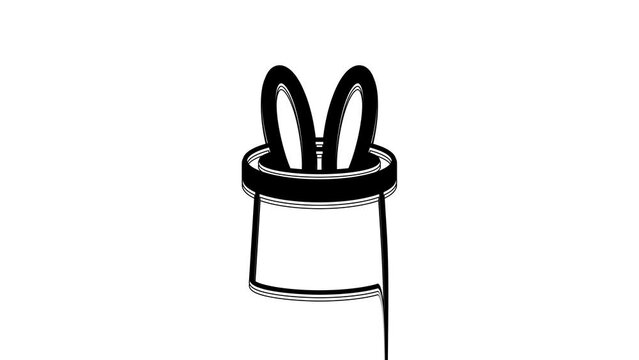 Black Magician hat and rabbit ears icon isolated on white background. Magic trick. Mystery entertainment concept. 4K Video motion graphic animation