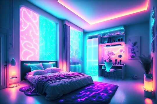 Modern bedroom interior with neon lights glowing ambient in the evening by Generative AI