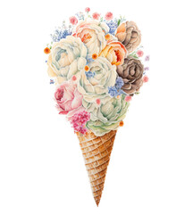 Painting of an ice cream made out of flowers. Generative AI